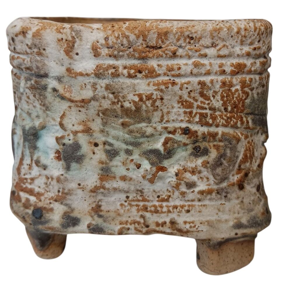 Textured Stoneware Planter Four Footed Bonsai Succulent Brown Beige 3" x 3"